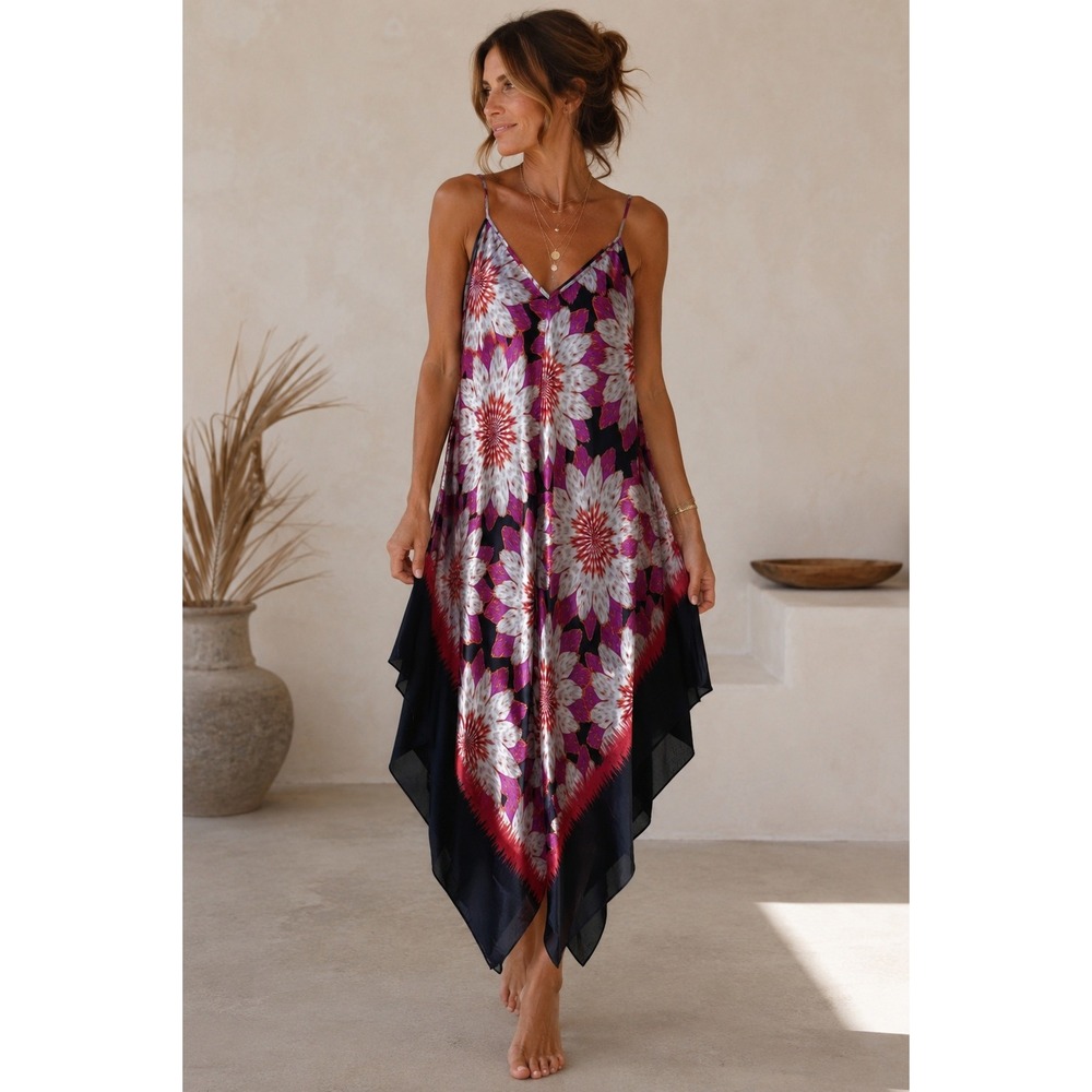 Enfocus Studio Handkerchief Hem Dress Womens 12 Black Floral‎ V-Neck Resortwear